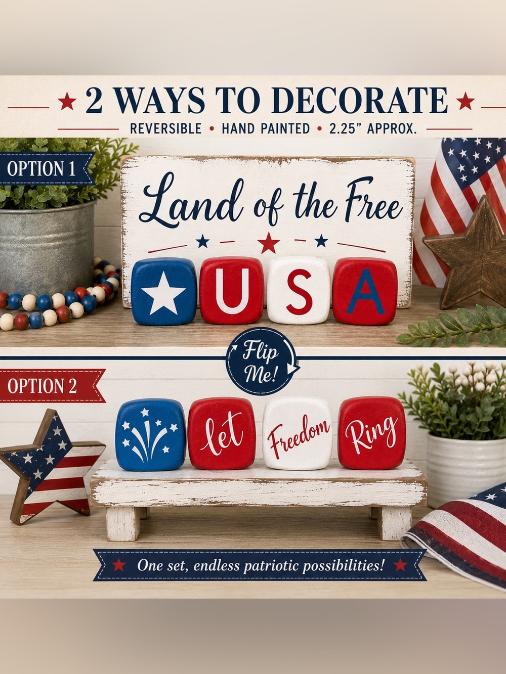 Patriotic Reversible Block Set | Hand Painted USA Tiered Tray Decor | Farmhouse